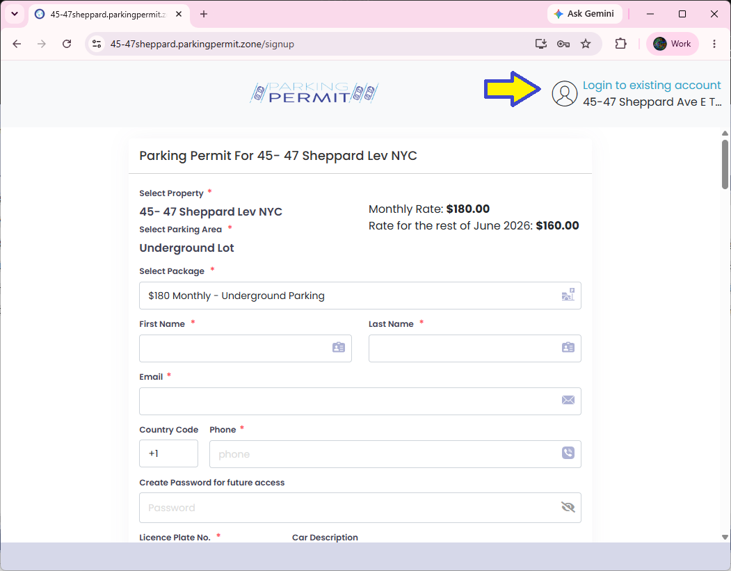 Login to existing account link highlighted in the top-right of the parking permit page