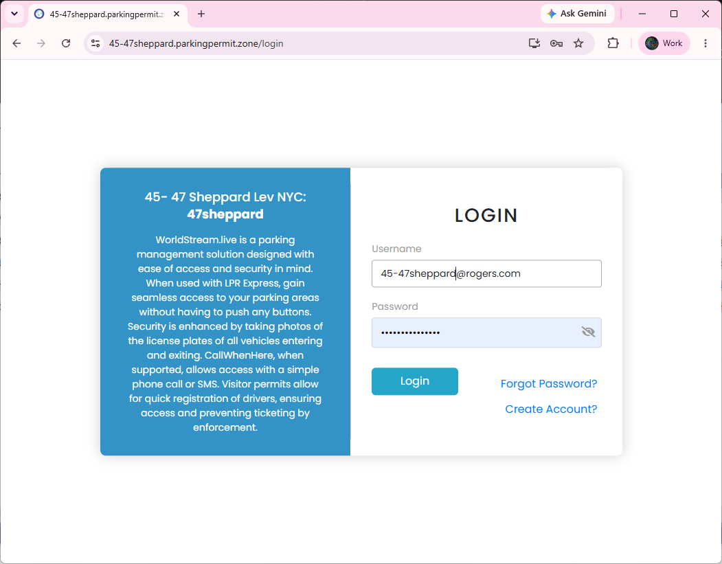 Login screen with username and password fields