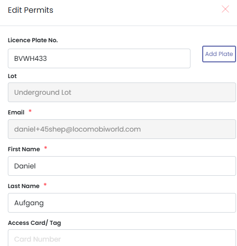 Edit Permits window with a licence plate field and Add Plate button